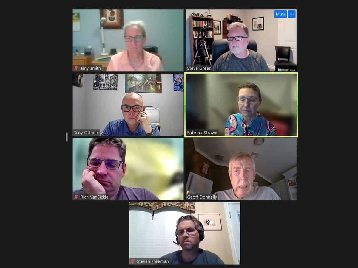Zoom meeting of Northwest Cycling Club members discussing upcoming cycling events and club activities.