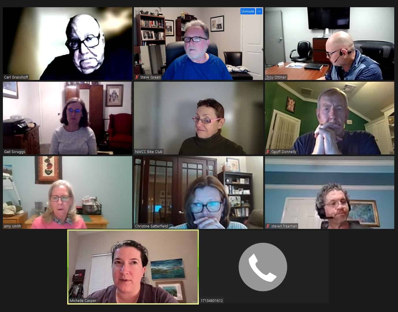Zoom meeting of Northwest Cycling Club members discussing cycling events and community rides.