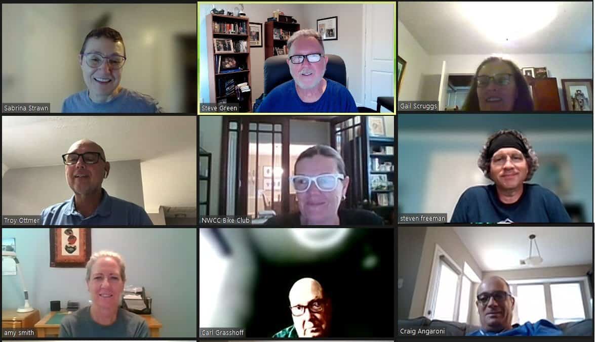 Active Northwest Cycling Club virtual meeting with diverse members, showcasing community cycling passion.