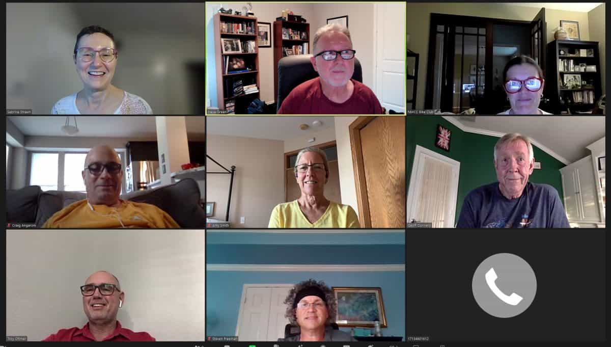 Engaging Northwest Cycling Club virtual meeting with diverse members discussing cycling activities.