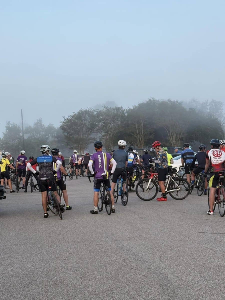 Zube Park Ride - Saturday October 26 Group cycling event at Northwest Cycling Club with riders in professional gear on a foggy morning.