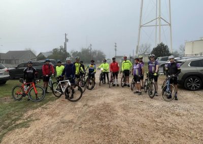 Cycling In Houston - NWCC Recent Activities Gallery 584 Group of cyclists at Northwest Cycling Club ride, outdoor biking event on a foggy day.