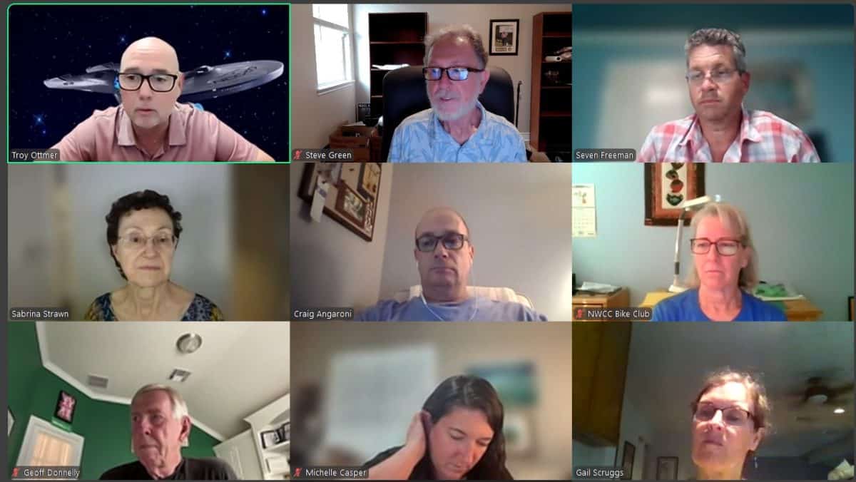 Board Meeting Minutes 8 Virtual zoom meeting of Northwest Cycling Club members discussing cycling events and activities.