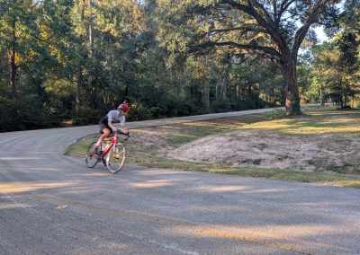 Cycling In Houston - NWCC Recent Activities Gallery 206 Scenic cycling route in Northwest Oregon with cyclist on a winding road surrounded by trees.
