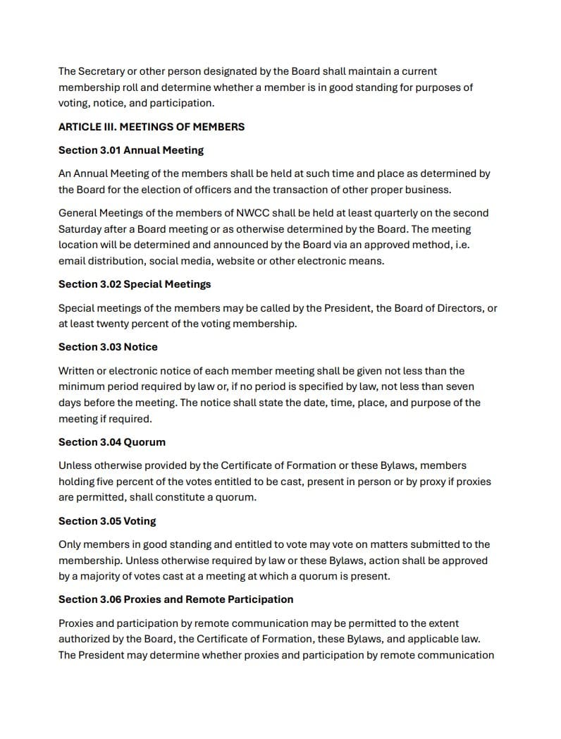 BYLAWS OF GREATER WEST HOUSTON CYCLING CLUB NONPROFIT CORPORATION