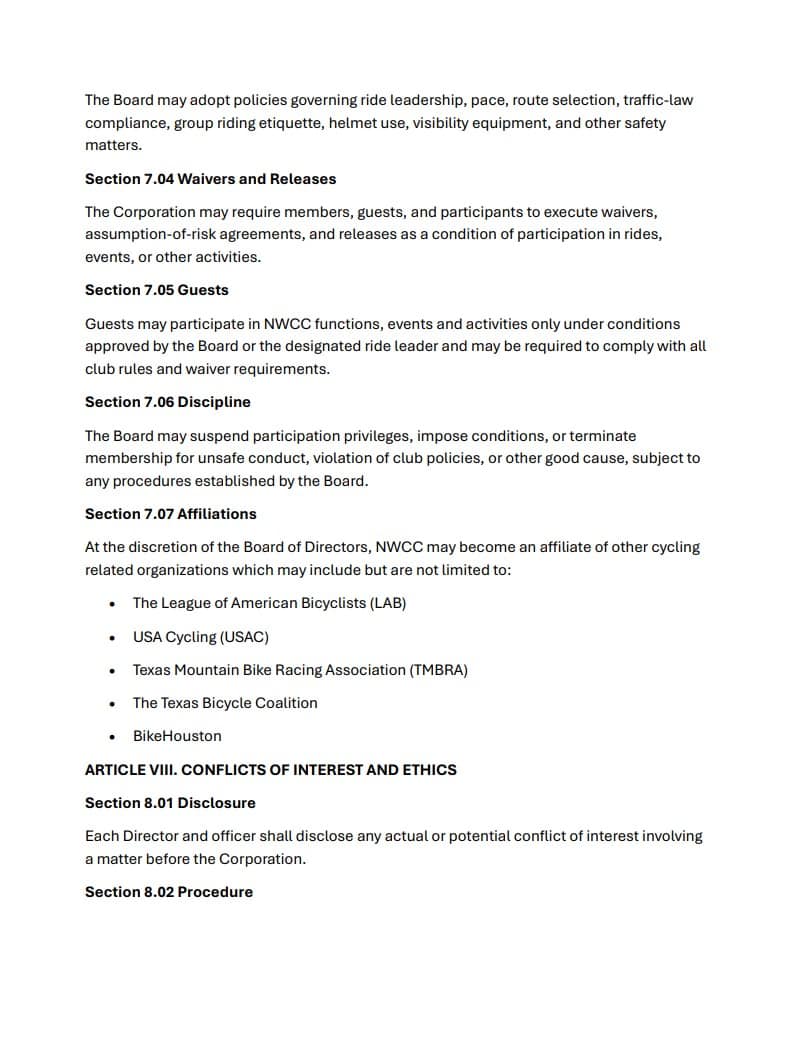BYLAWS OF GREATER WEST HOUSTON CYCLING CLUB NONPROFIT CORPORATION